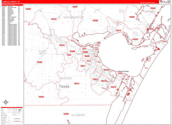 Corpus Christi City Digital Map Red Line Style